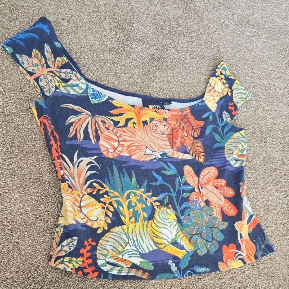 Anthro Maeve Tiger Jungle Print Top Off-Shoulder Knit Jungle Print Size XL - Picture 3 of 7